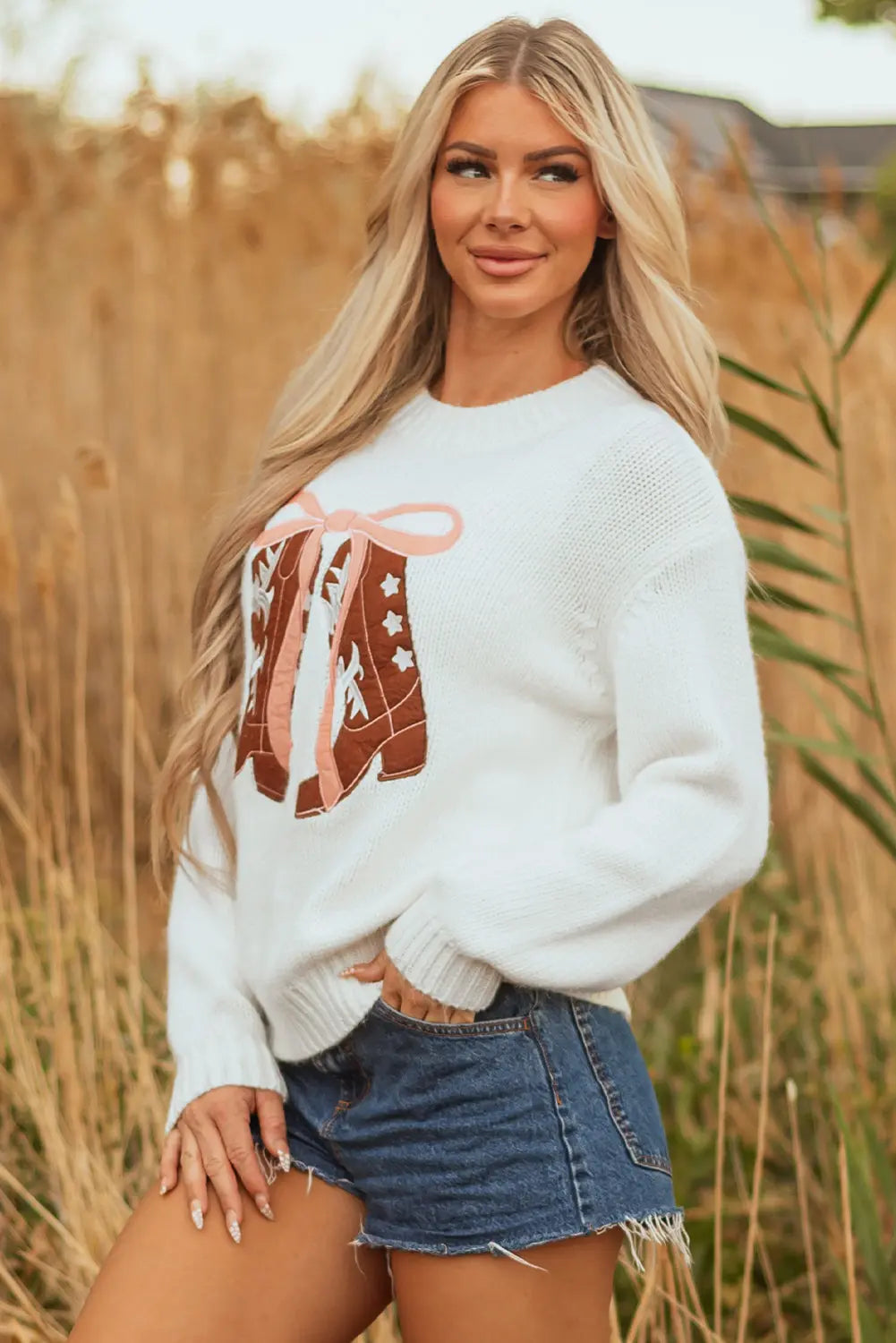 White Embroidered Bow Boots Graphic Drop Shoulder Sweater Dear-Lover Dropshipping