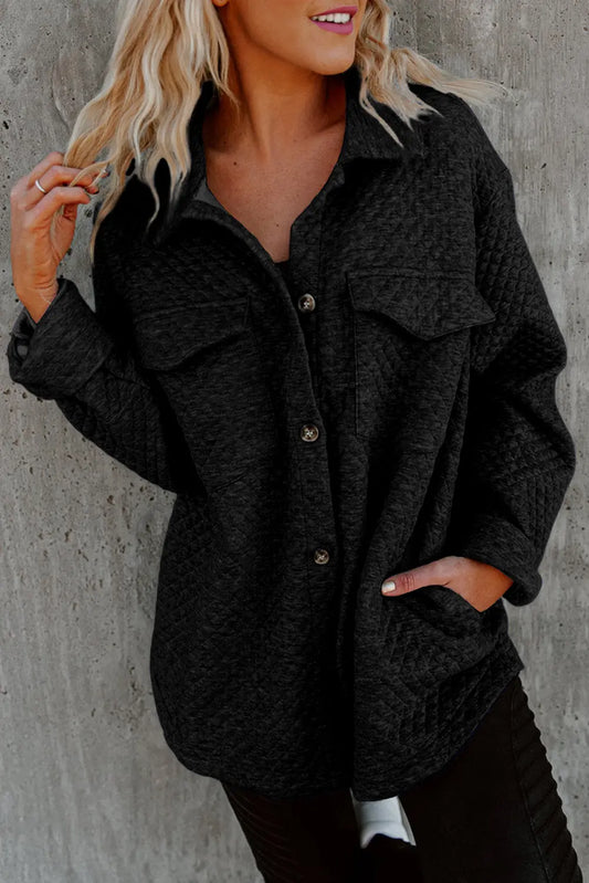 Black Retro Quilted Flap Pocket Button Shacket Dear-Lover Dropshipping
