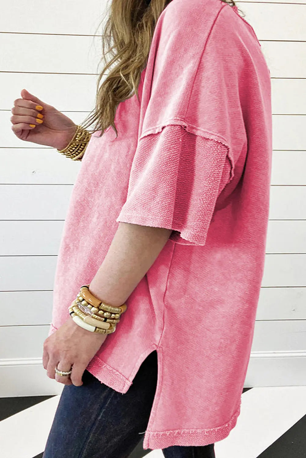 Strawberry Pink Mineral Wash Drop Sleeve Patchwork Plus Tee Dear-Lover Dropshipping