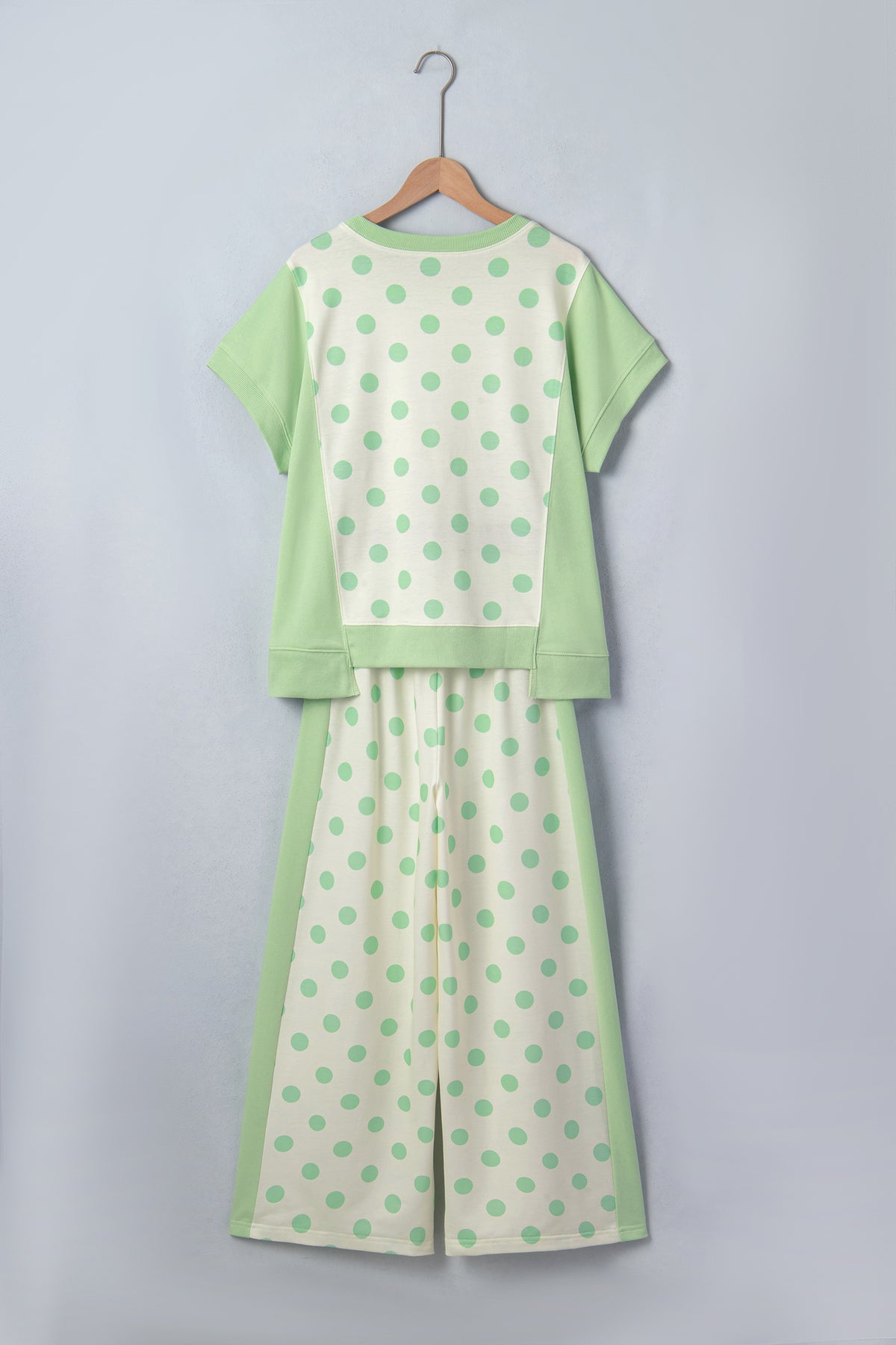 Sky Blue Color Block Patchwork Polka Dot Wide Leg Pant Set