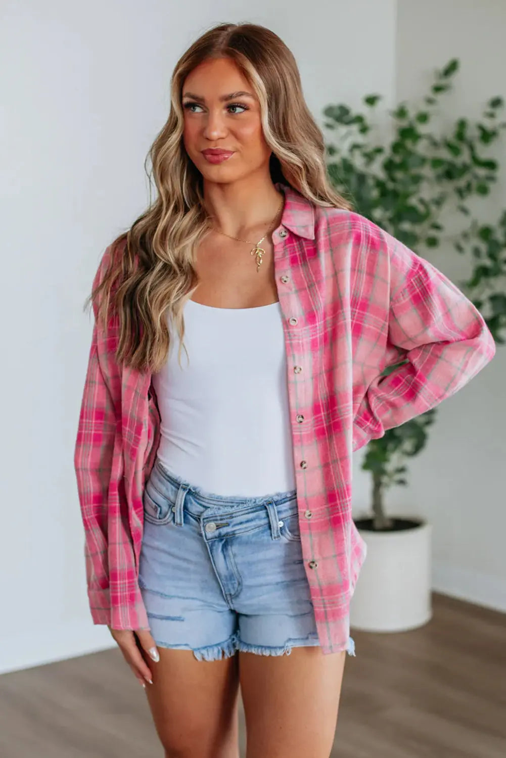 Sachet Pink Plaid Print Rounded Hem Long Sleeve Shirt with Pockets Dear-Lover Dropshipping