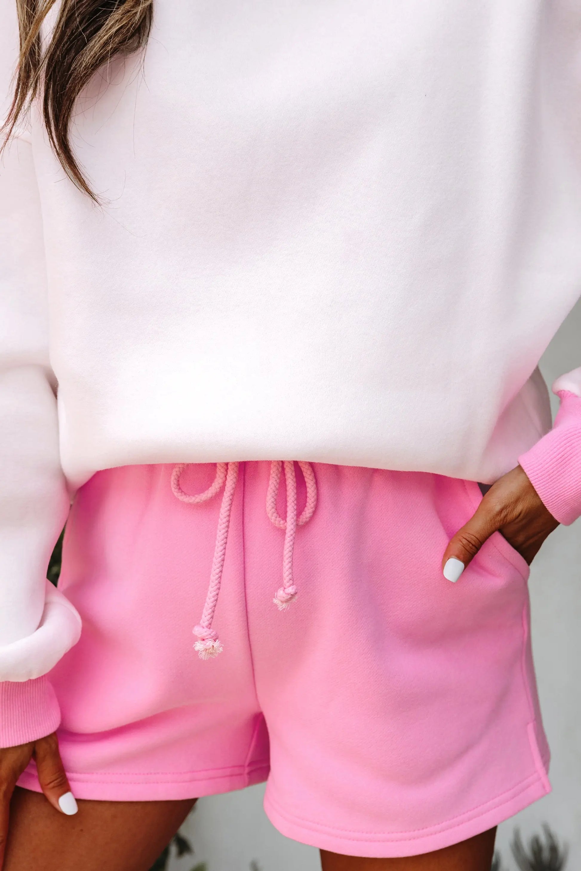 Strawberry Pink Color Block Pullover and Lace-up Elastic Waist Shorts Set Dear-Lover Dropshipping