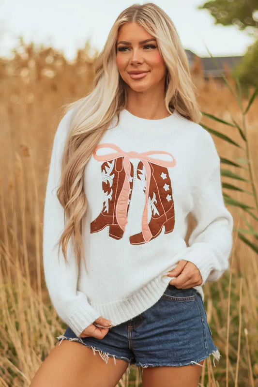 White Embroidered Bow Boots Graphic Drop Shoulder Sweater Dear-Lover Dropshipping