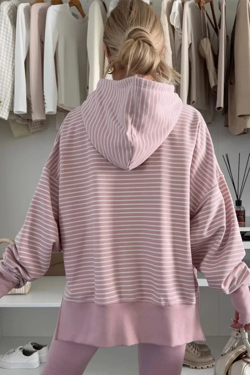 Purple Stripe Thumbhole Side Slits Drop Shoulder Loose Fit Hoodie Dear-Lover Dropshipping