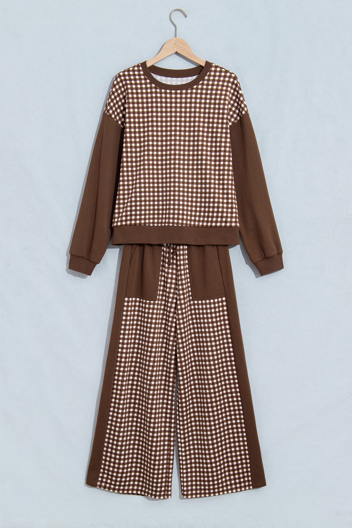 Pink Color Block Plaid Patchwork Long Sleeve Pullover Wide Leg Pant Set