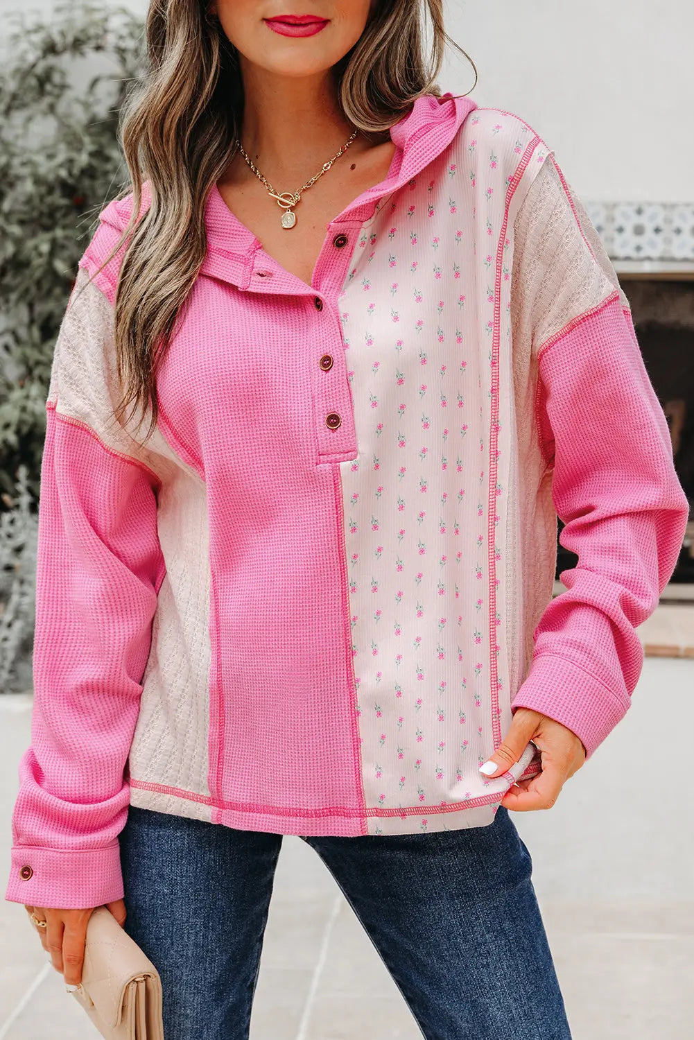 Pink Mixed Texture Waffle Floral Patchwork Hooded Oversize Pullover Dear-Lover Dropshipping