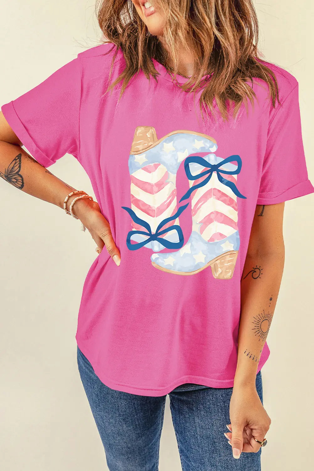 Sachet Pink Flag Pattern Boots Bow Accent Casual Graphic Tee Dear-Lover Dropshipping