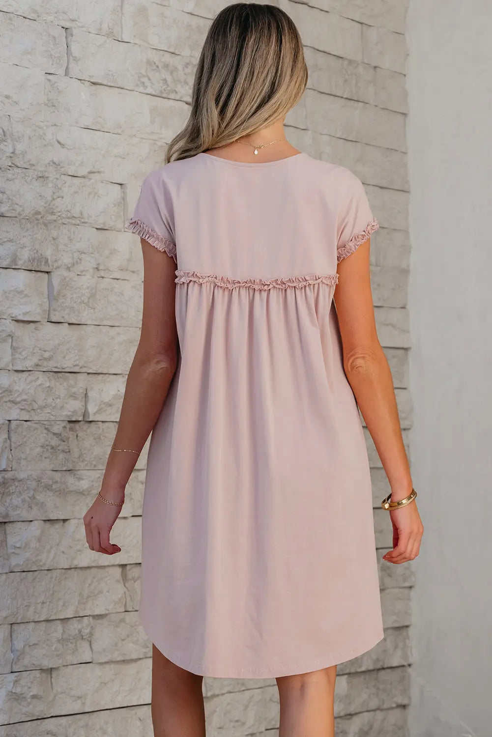 Oatmeal Frilled Trim Crew Neck Loose Fit Mini Dress Dear-Lover Dropshipping