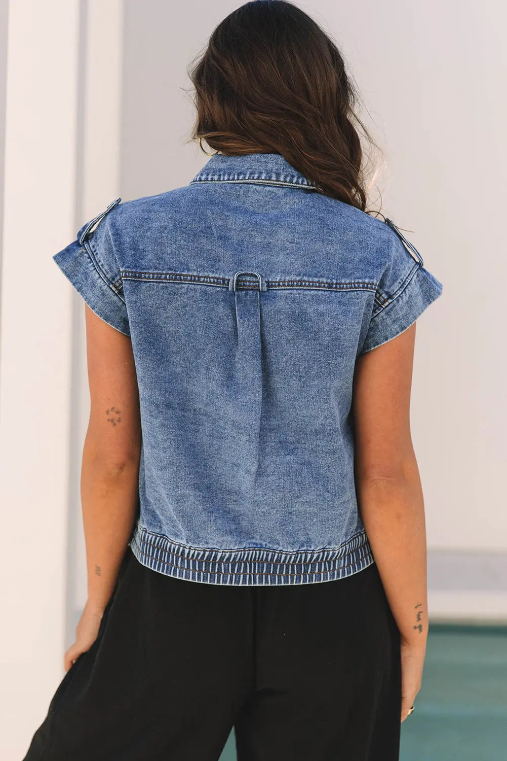 Ashleigh Blue Acid Wash Elastic Hem Button Up Denim Vest Dear-Lover Dropshipping