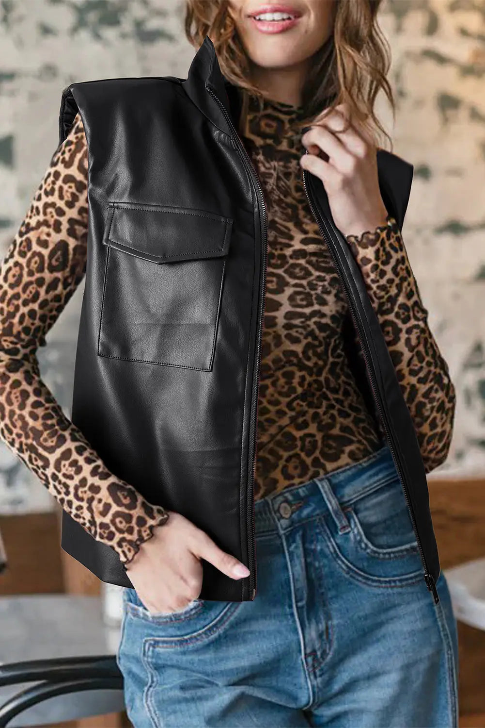 Black Double Flap Pocket Faux Leather Zip Up Stand Neck Vest Dear-Lover Dropshipping