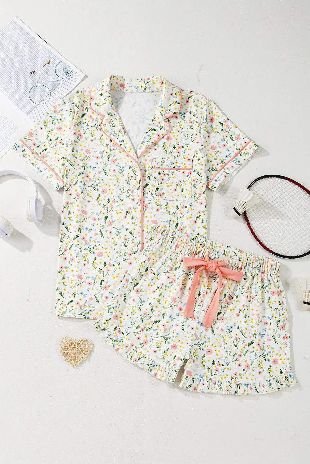 White Floral Print Contrast Pipping Short Pajamas Set Dear-Lover Dropshipping