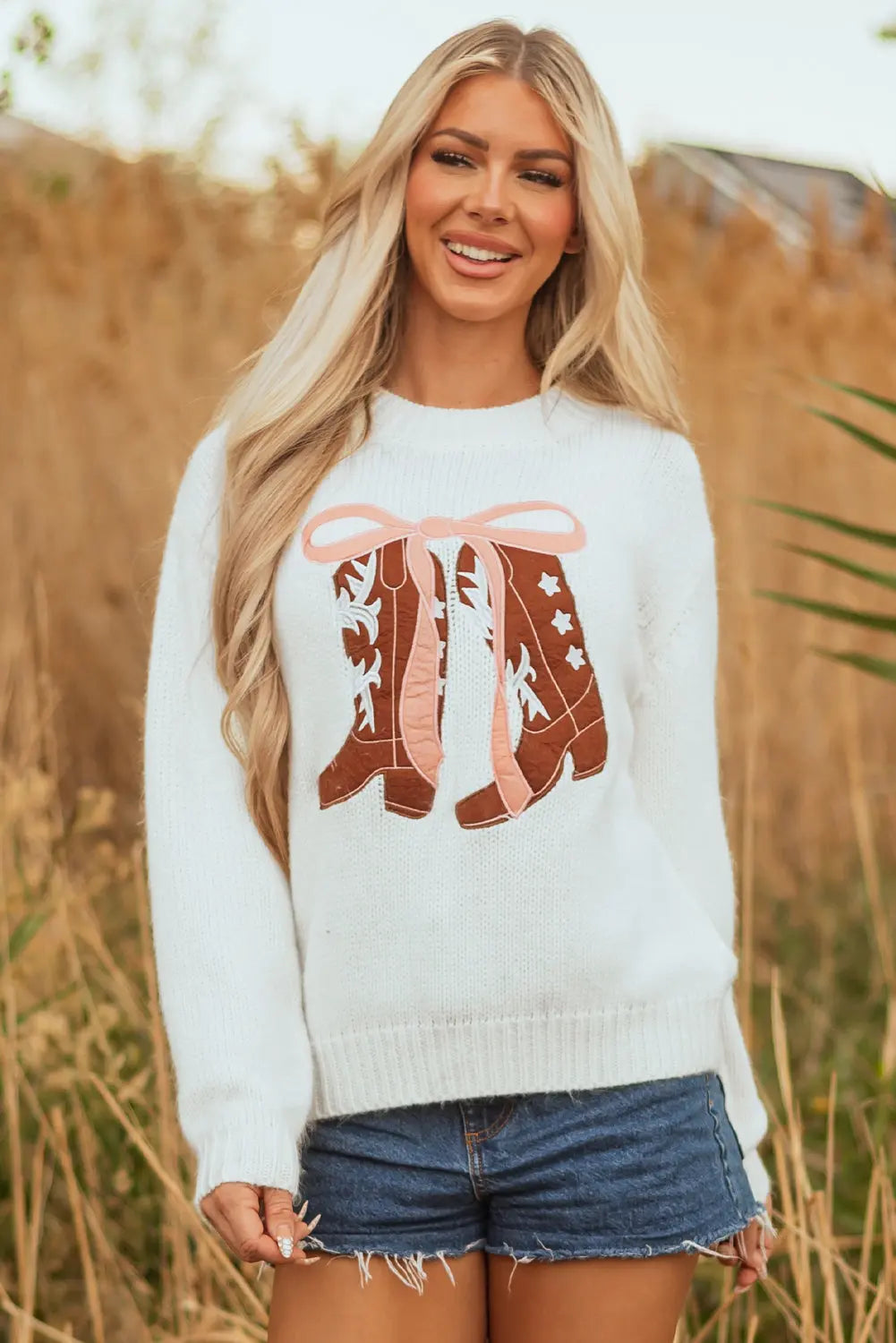 White Embroidered Bow Boots Graphic Drop Shoulder Sweater Dear-Lover Dropshipping