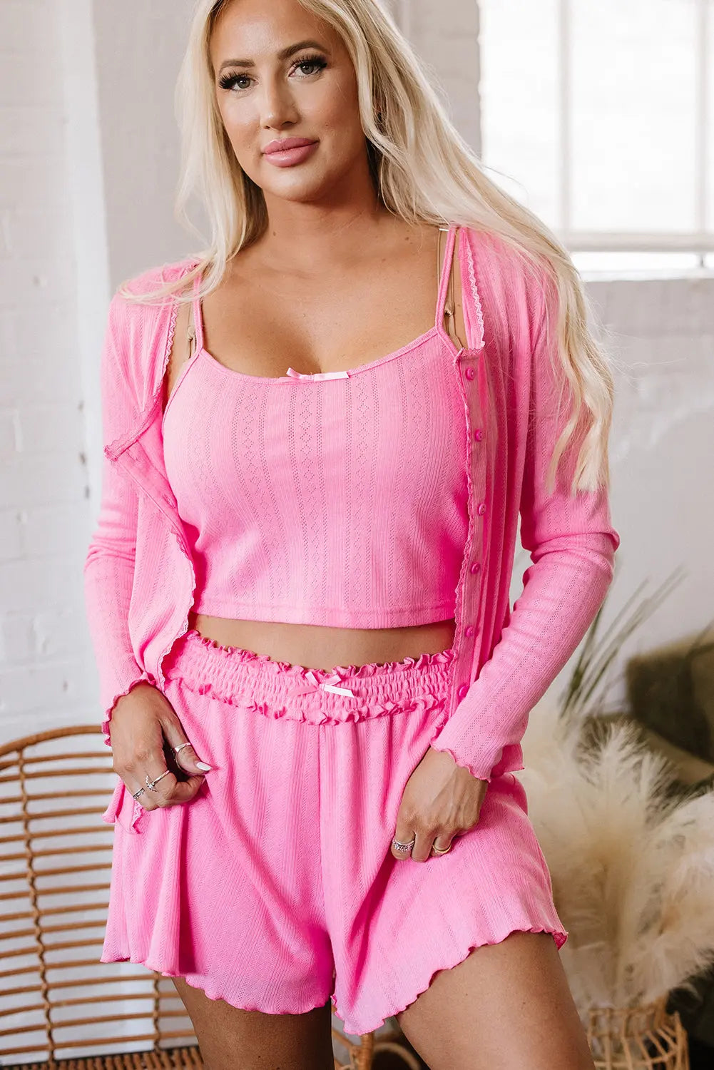 Bonbon Delicate Texture Cropped Cami Shorts and Cardigan 3pcs Lounge Set Dear-Lover Dropshipping