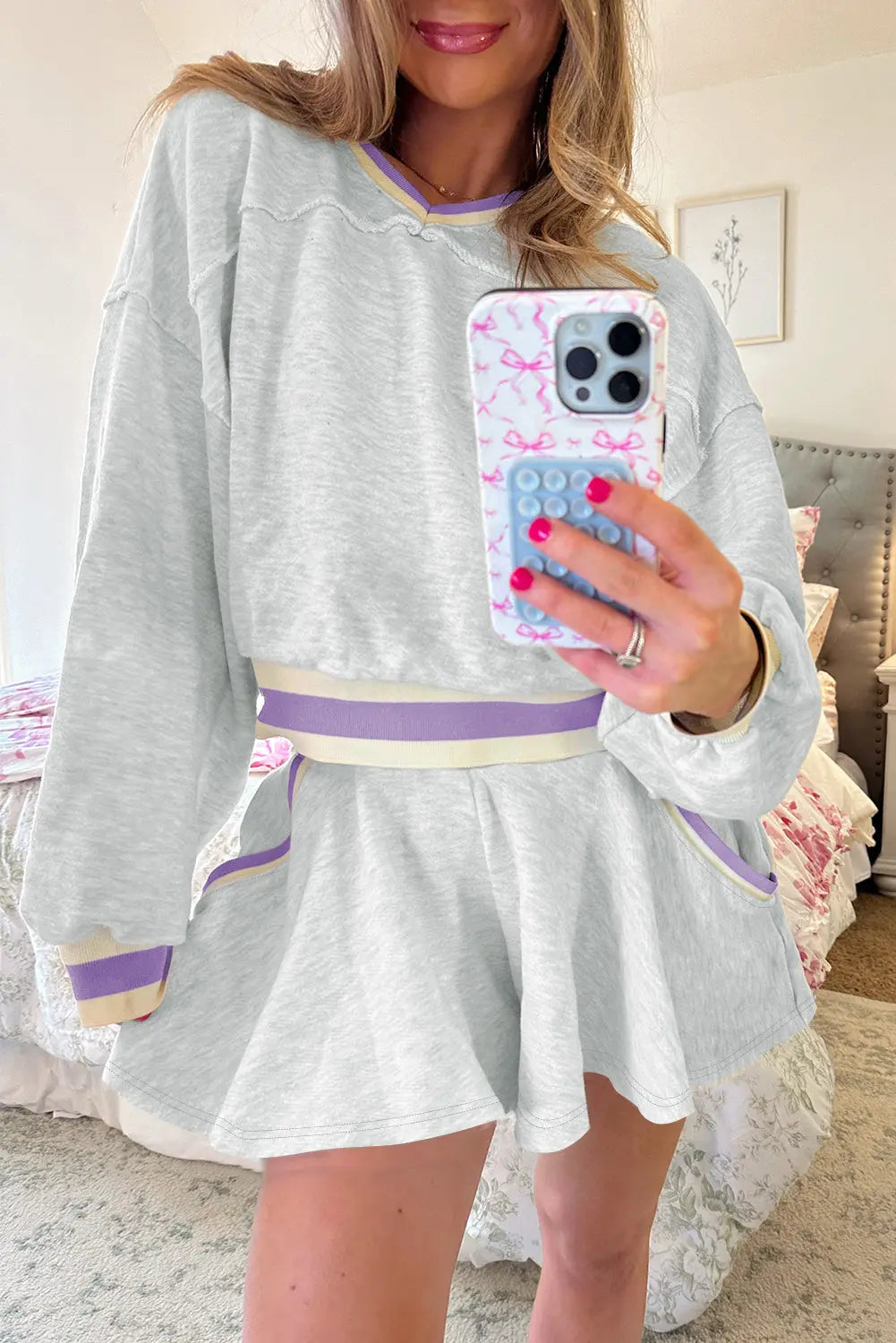 Light Grey Contrast Striped Bands Cropped Pullover and Athletic Short Set Dear-Lover Dropshipping