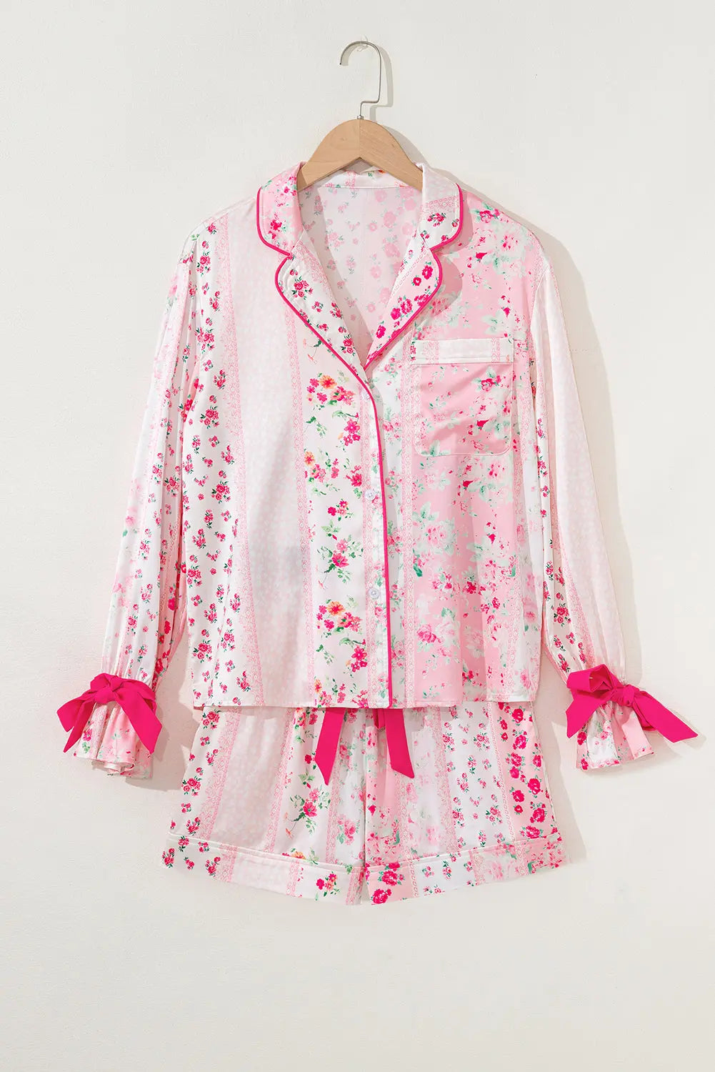 Pink Mixed Floral Print Contrast Piping Trim Satin Tie 2pcs Pajama Set Dear-Lover Dropshipping