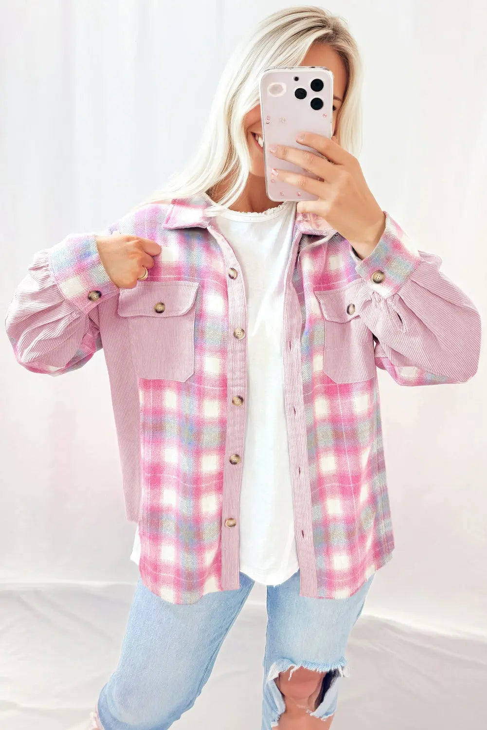 Pink Brushed Plaid Corduroy Flap Pockets Patchwork Shacket Dear-Lover Dropshipping