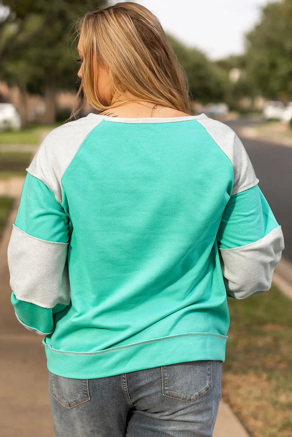 Aruba Blue Colorblock Patchwork Cross Seam Plus Sweatshirt Dear-Lover Dropshipping