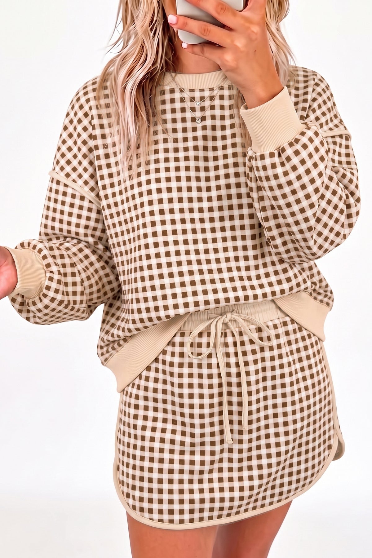 Pink Gingham Oversized Ribbed Trim Crew Neck Long Sleeve Top and Skort Set