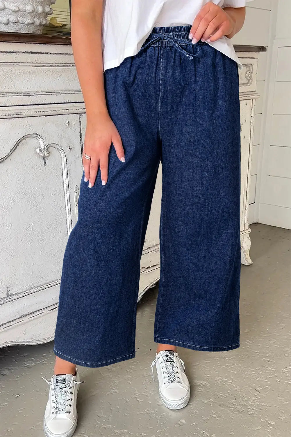 Real Teal Plus Size Drawstring High Waist Wide Leg Casual Jeans Dear-Lover Dropshipping