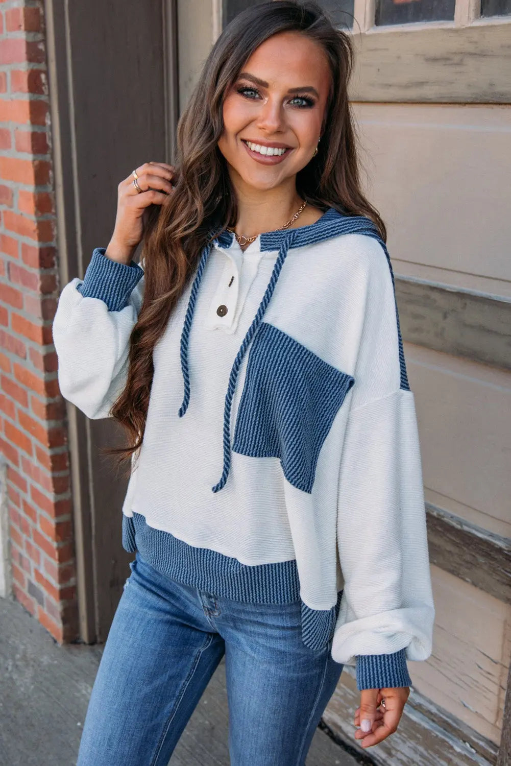 White Corded Colorblock Patch Pocket Drawstring Hooded Top Dear-Lover Dropshipping